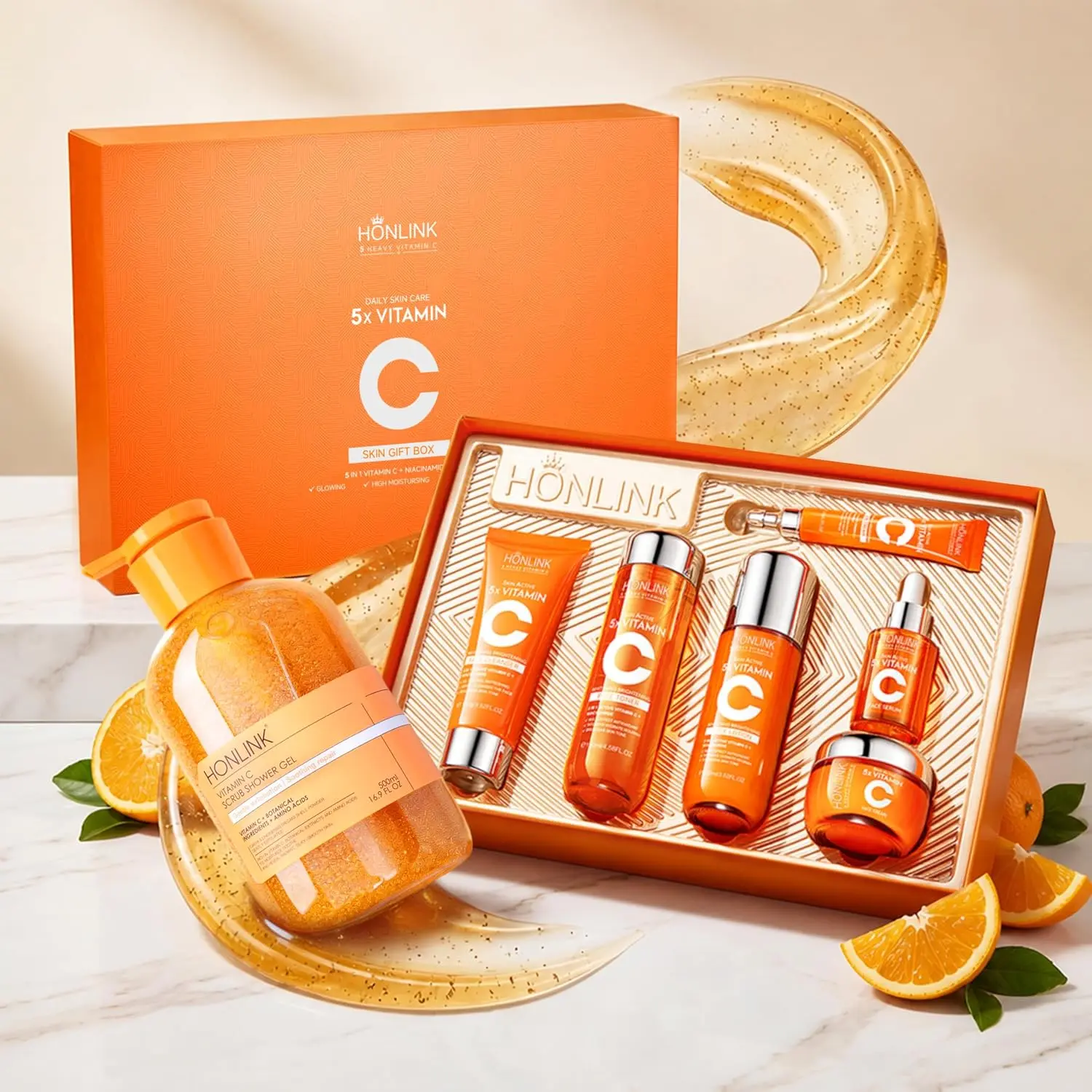 5X Vitamin C Skincare & Body Care Set - Korean 6-Piece Glass Skin Facial Care Kit + Exfoliating Body Wash for a Smooth & Radiant Full-Body Glow