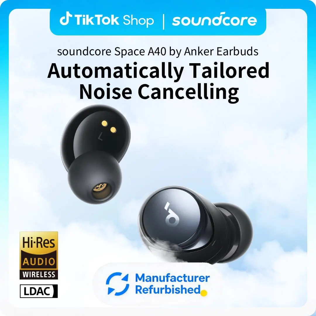 [Refurbished]soundcore by Anker Space A40 Adaptive Active Noise Cancelling Wireless Earbuds, Reduce Noise by Up to 98%, Ultra Long 50H Playtime, 10H Single Playtime, Hi-Res Sound, Comfortable Fit, Wireless Charge