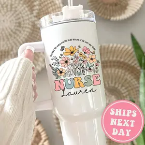 [Customized Name] Nurse 40oz Tumbler, Personalized Nurse Tumbler with Handle Gifts for Nurse Appreciation Gift for Nurse Travel Mug Custom Nurse Cup