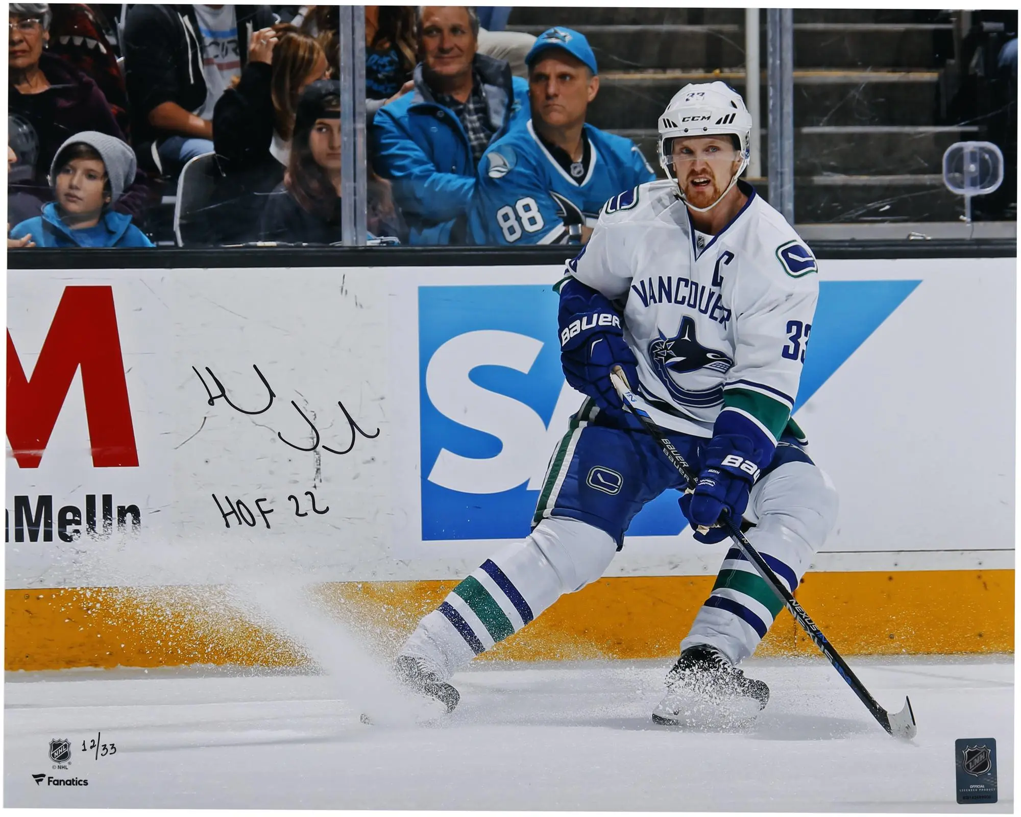 Henrik Sedin Vancouver Canucks Autographed 16" x 20" White Jersey Stopping Photograph with "HOF 22" Inscription - Limited Edition of 33 - Fanatics Authentic Certified