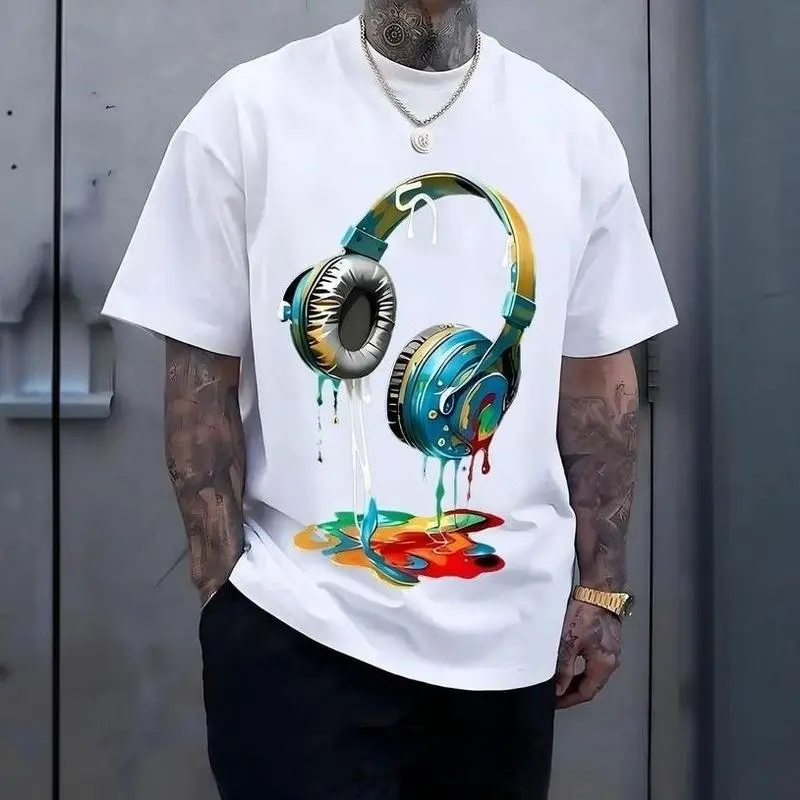 "Vibrant Paint Drip Headphones T-Shirt, Cool Music DJ Gift, Retro Hip Hop Style Tee"