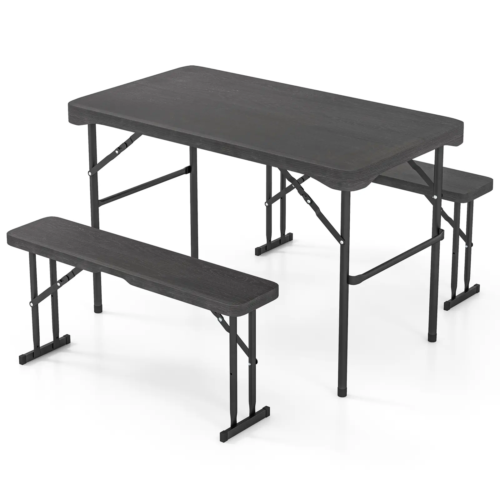 COSTWAY - Outdoor Folding Table Bench Set w All-Weather HDPE Tabletop and Sturdy Metal Frame-Black