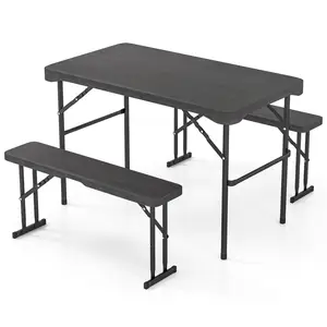 COSTWAY - Outdoor Folding Table Bench Set w All-Weather HDPE Tabletop and Sturdy Metal Frame-Black