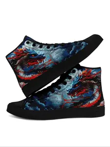 Men's Fashionable Dragon Pattern High Top Graphic Print Sneakers, Casual Comfortable Breathable Lightweight Sports Shoes, Male All-match Round Toe Shoes for Daily Wear