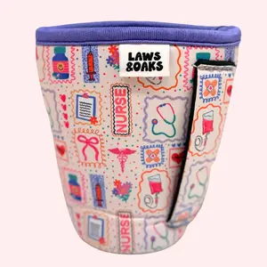 Scrubs & Sips Nurse Coffee Sleeve With Handle Attached Reusable Neoprene Cup Sleeve Eco-Friendly Comfortable Drink Sleeve for Iced Coffee Drinkware Accessories Nurse Gift Nurse Appreciation