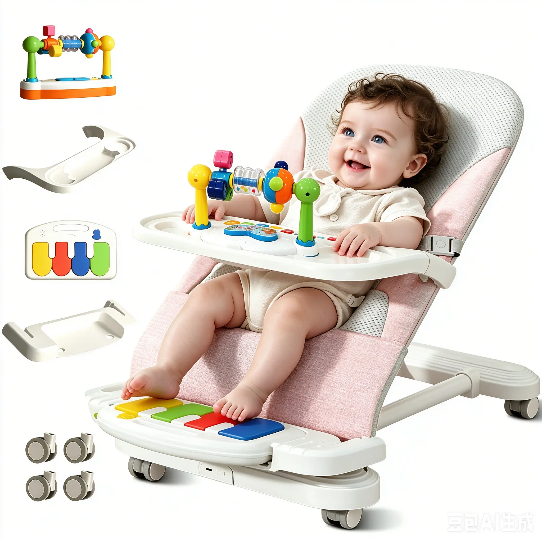 Baby Bouncer 4-in-1 with Wheels, Detachable Piano, Feeding Tray, Play Bar, Thick Base. 3-Level Incline Portable Seat for Infant to Toddler 0-6, 0-12, 12-24 Months, Upto 29Lbs