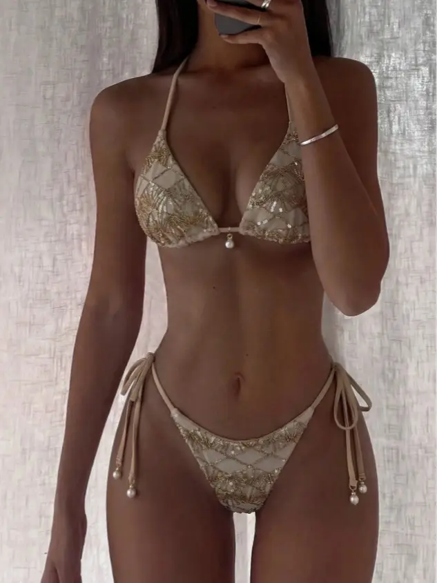 Women's 2-Piece Sequin Swimsuit - Triangle Cup Bra, Side Tie Bottoms, High Elasticity, Minimalist Silhouette for Spring/Summer Vacations, Pool Parties (2 Piece Sets, Swimsuit for Women, Sequin Pattern)