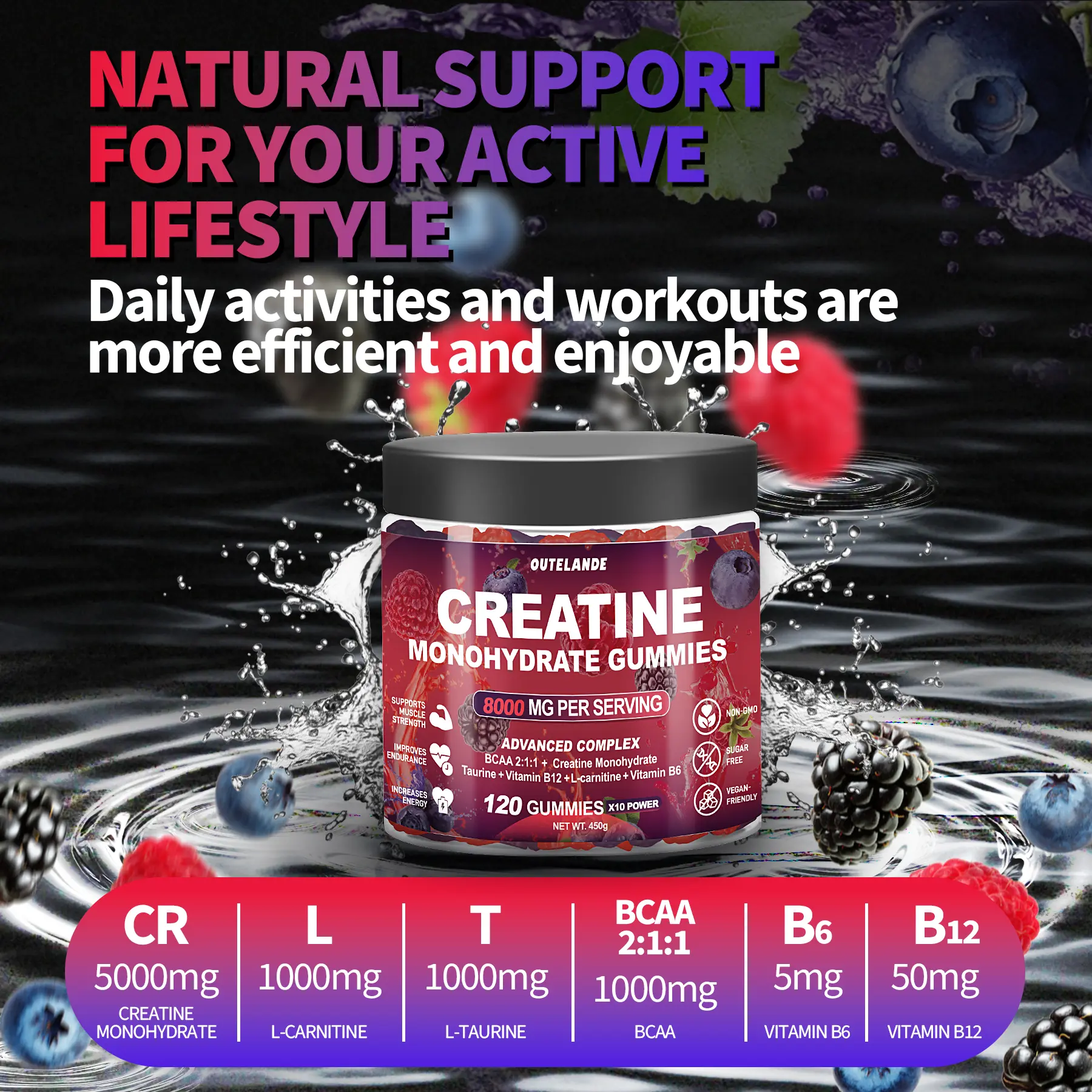 Creatine Monohydrate Gummies for Daily Fitness Routine, Dietary Supplement with L-Taurine, Vegan Friendly Sugar Free Chewable Gummies, Mixed Berry Flavor, 120 Count