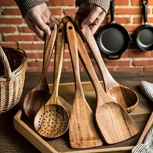 5-Piece Wooden Kitchen Utensils Set, Natural Wood Cooking Tools for Home Restaurant, Odorless Heat Resistant Spatula Spoon Set – For Daily Cooking Baking Use