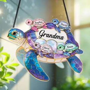 Personalized Sea Turtle Suncatcher, Mothers Day Gift For Grandma Mom with Kids Name, Family Name, Custom Family Window Decor, Turtle Beach Lovers Gift