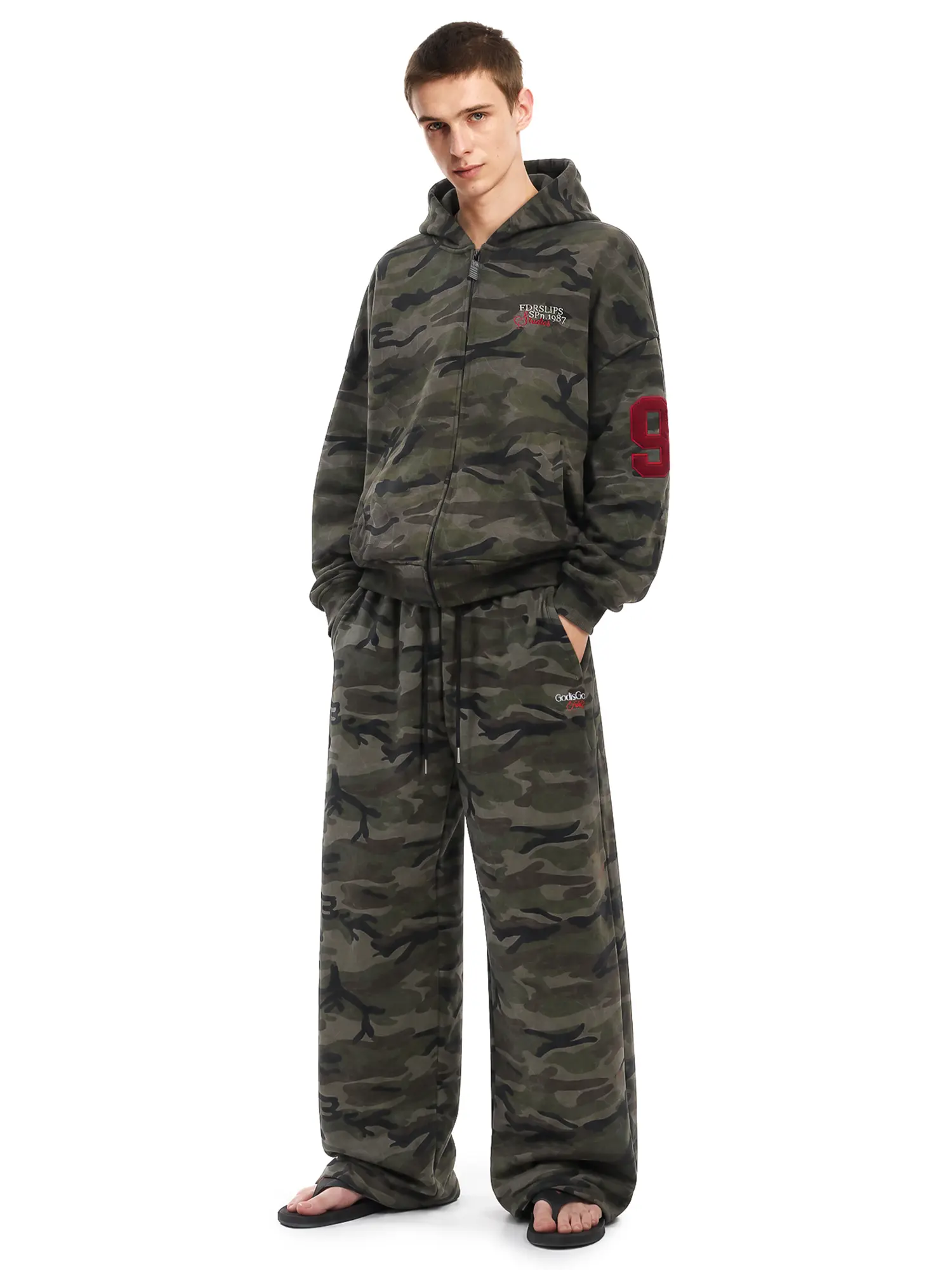 FDR Camo Embroidery Zip Up Hoodie for Men & Women Oversized Cropped Sweatshirt 2 Piece Tracksuit Set High Waist  Baggy Wide Leg Sweatpants Soft Fabric Y2K Streetwear Unisex Vintage Longsleeves Top Pullover