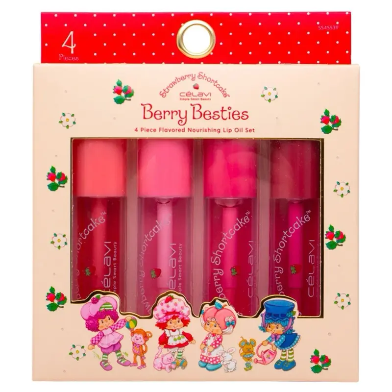 Strawberry Shortcake Berry Besties 4 Pcs Flavored Nourishing Lip Oil Set - Pink Nourishing Lip Gels - Snack, Dessert