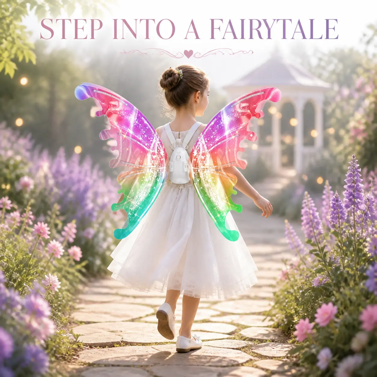 LED Electric Fairy Wings for Girls Ages 4-8 Light-Up Moving Butterfly Costume Jewelry with Music Auto-Off Sparkling Princess Dress-Up Ornament for Halloween Valentine Birthday Christmas Party Gifts