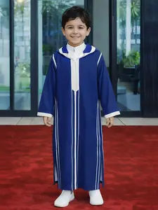 Muslim Boy Blue Hooded Thobe, Colorblock Print Design, Long Sleeve Split Hem with Side Pockets, Suitable for Ages 8-12, Comfortable and Stylish