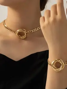 Women's Geometric Design Necklace & Bracelet Set, Fashionable Sweet Trendy Jewelry Accessories, Perfect Gift for Her