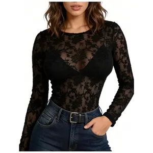 Womens Mesh Tops Lace Long Sleeve Shirts Crewneck Slim Fitted Outfits See Through Blouses Elegant Chic Womenswear