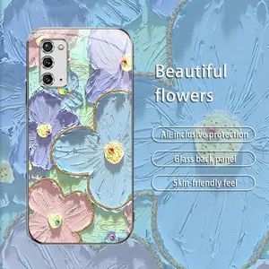 Suitable for [Galaxy Note20] Creative colorful retro oil painting flower mobile phone case protective cover new electroplating silver frame glass anti-fall mobile phone case affordable anti-fingerprint-975