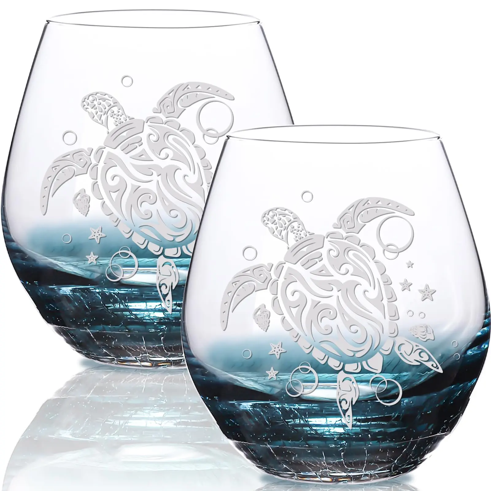 Aquatic Theme Glassware Drinkware, 2-Piece 13.3oz Stemless Round Sea Turtle Wine Glasses with Crackle Teal Design, Durable Women's Gift, Round Shape