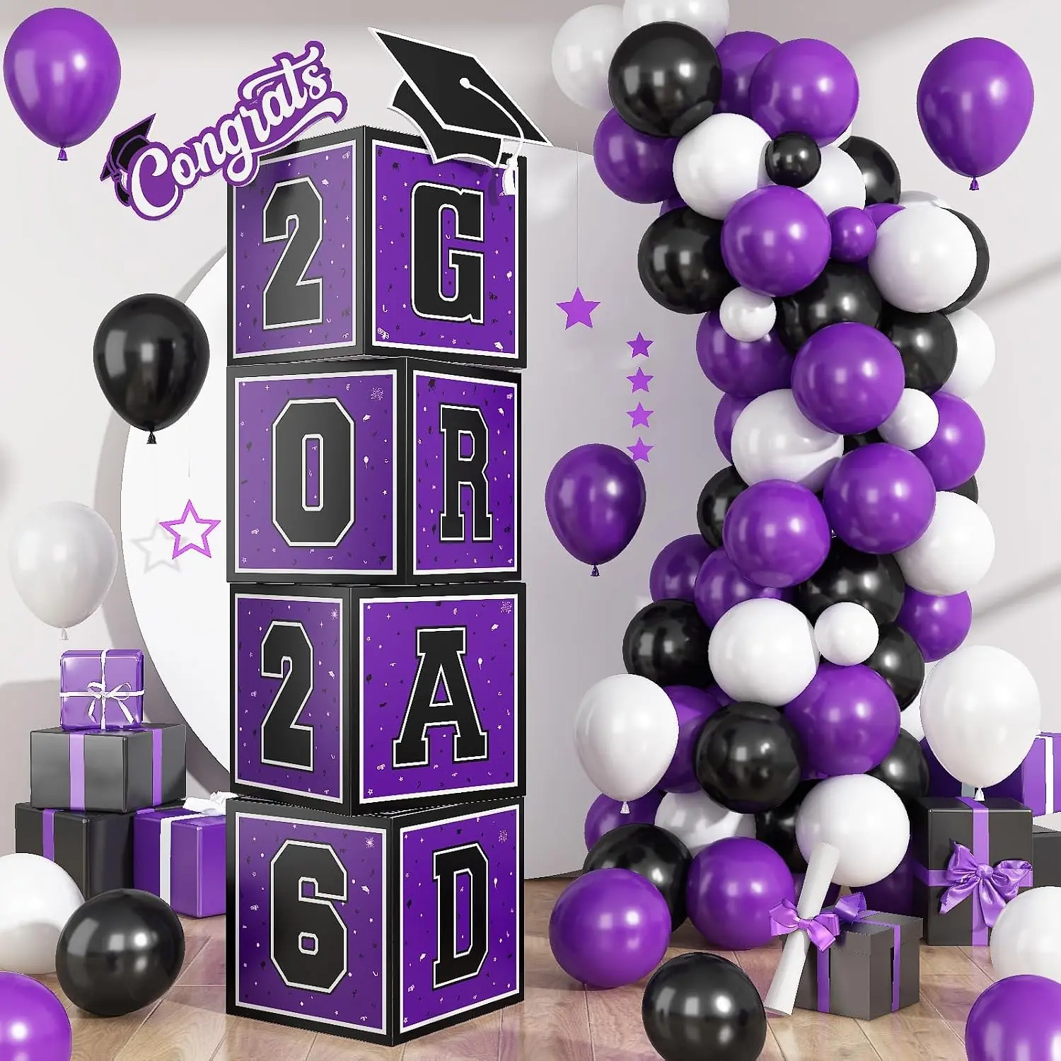2026 Graduation Decorations, 4Pcs Graduation Boxes, So Proud of You and Class of 2026 Grad Boxes, Black Purple Congrats Box for College, High School, Prom Party Supplies