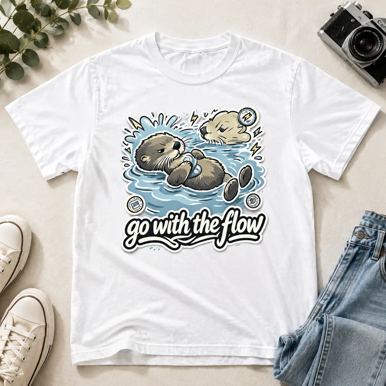 Men's Unisex Otter Graphic Round Neck T-Shirt - Relaxed Fit Short-Sleeve Cotton Fabric Classic Cut "Go With The Flow" Nature Lover Streetwear Top