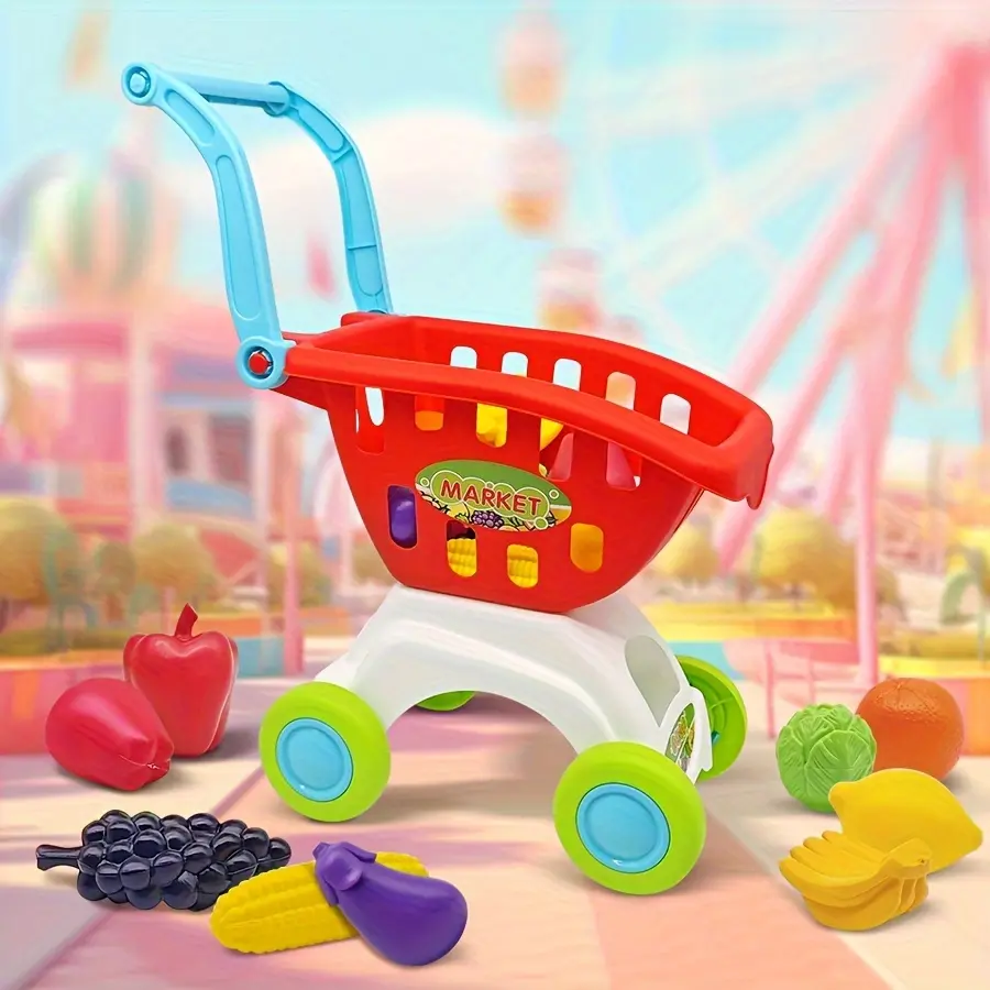 Unisex Mini Toddler Pretend Shopping Cart with Wheels, Easy-to-Use Imaginative Play Accessory, Fruit & Vegetable Toys - Encourages Creativity, Ideal Birthday Gift for Kids