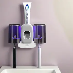 Toothbrush Holder & Toothpaste Dispenser, Wall Mounted UV Light Sterilizing Toothbrush Storage Holder, Toothpaste Dispenser, Gargle Cup Holder, UV Toothbrush Holders, Summer Gifts, Bathroom Accessory