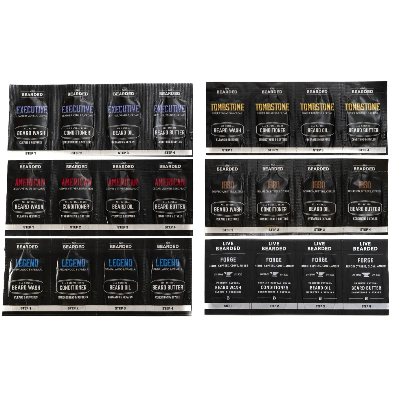 Live Bearded Sample Pack Beard Care - 24 Premium Products Including Oil, Butter, Wash, & Conditioner Essential Scent Kit Hair Care