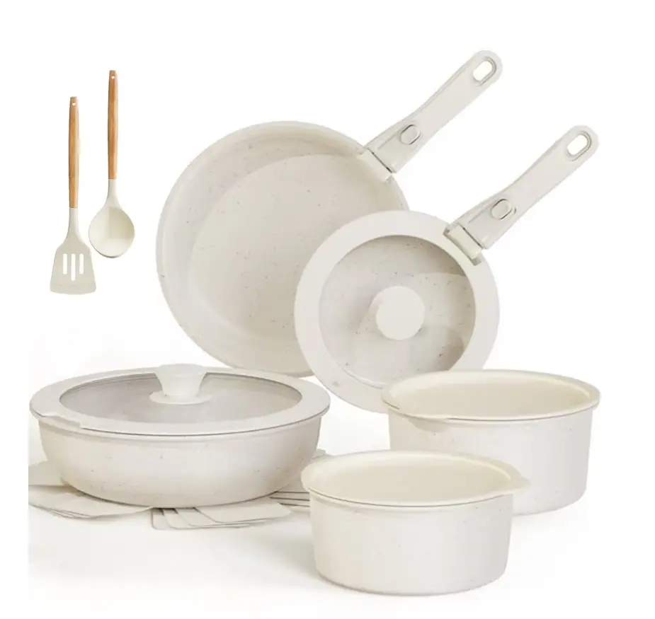 17 PCS Ceramic Pots and Pans Set Non Stick, Cookware Set with Detachable Handle, Oven Safe, Induction Ready, Stackable RV Kitchen Cooking Set Removable Handles, Cream White