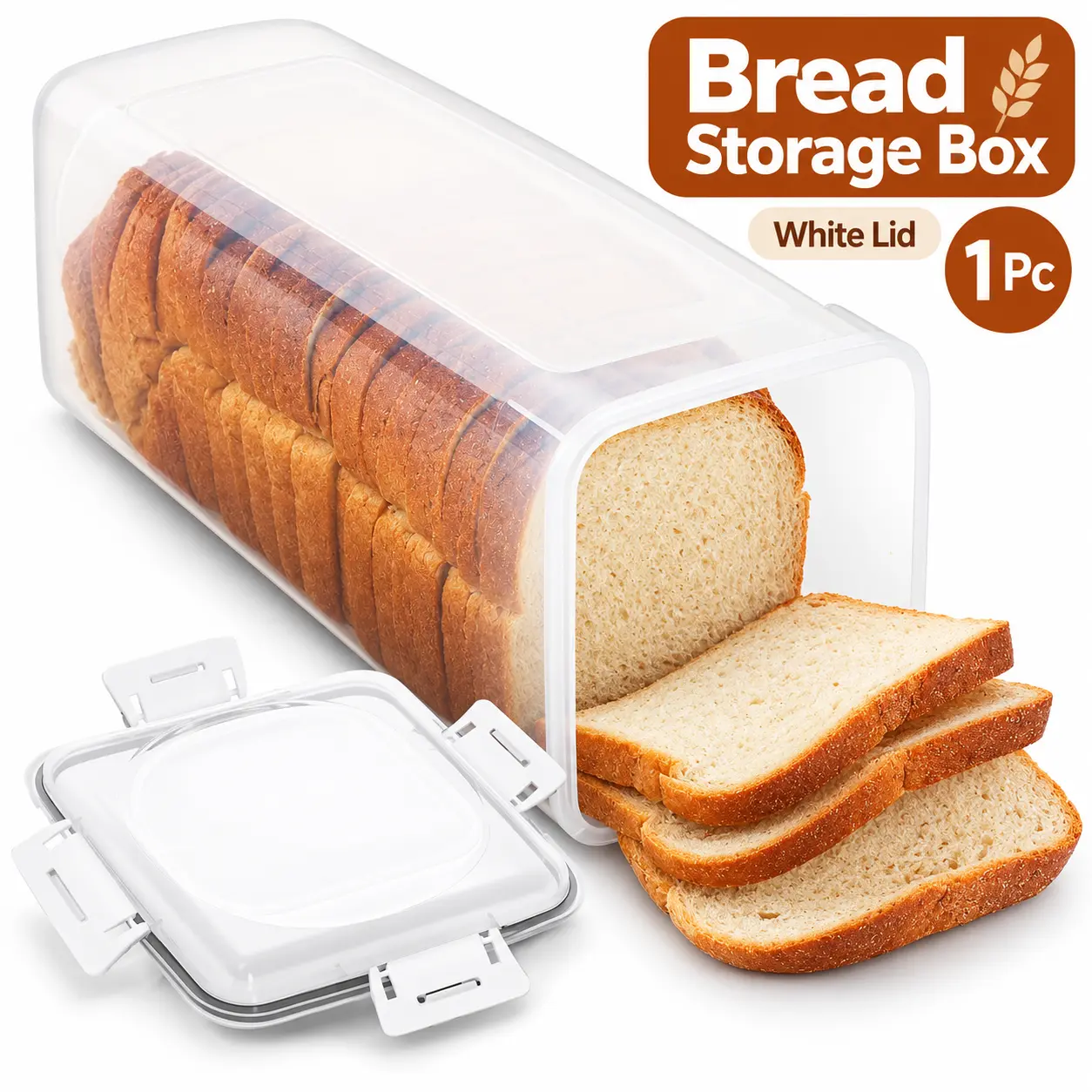 1 Pack Clear Bread Storage Container with White Lid, Upright Rectangular Bread Box for Sliced Toast and Sandwich Bread, Plastic Bread Keeper with Wide Opening, Space-Saving Bread Holder for Kitchen Countertop, Pantry & Cabinet Organization