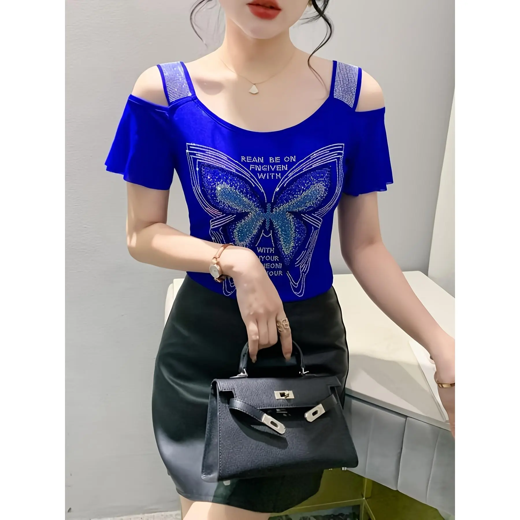 Women's Elegant Off-Shoulder Blouse - Butterfly Rhinestone Motif, 90% Elastane 10% Knit Fabric, 90g/m² Lightweight Mesh Weave, Spring/Fall Fashion Top