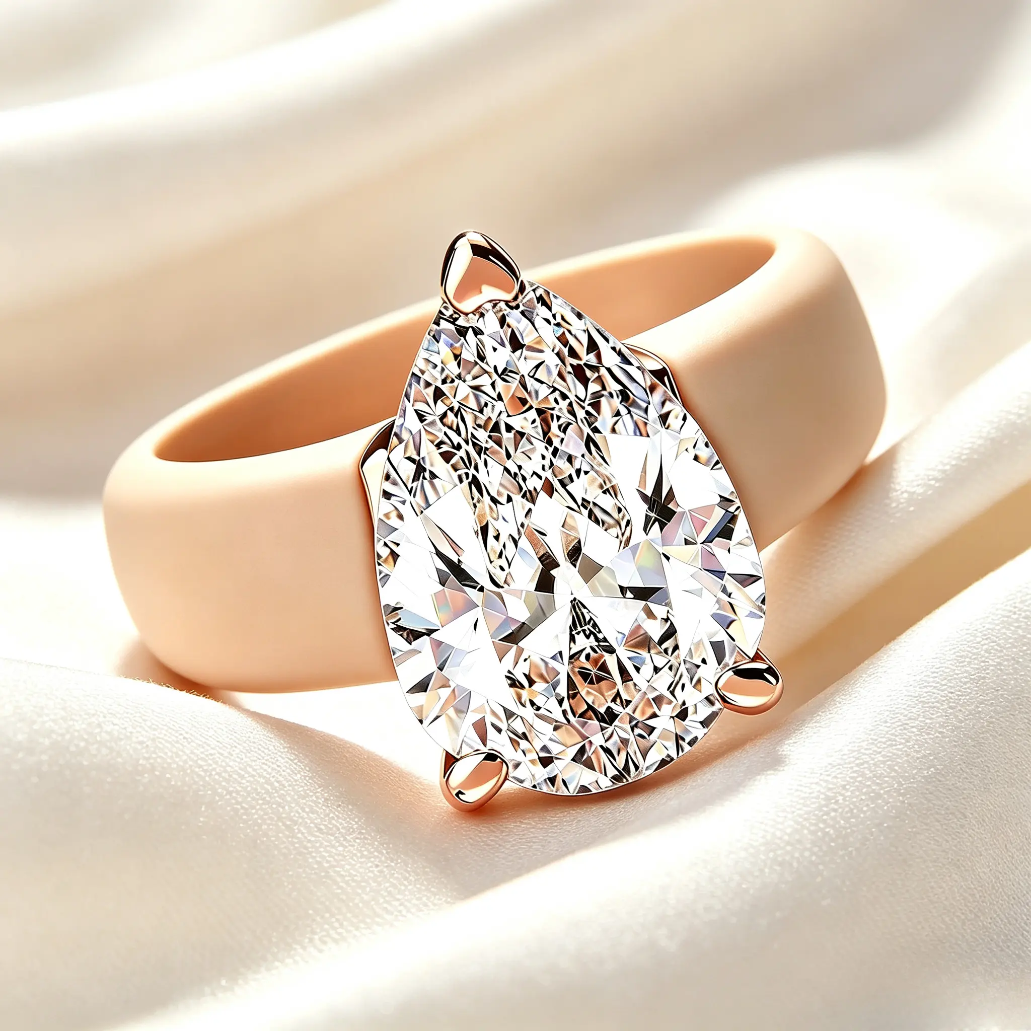 Women's 3-Prong Setting Pear Cut CZ Silicone Ring, Rose Gold Wide Matte Comfort Band, Bold Fashion Statement Costume Jewelry Ring