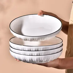 4pcs Ceramic Round Deep Dish Serving Bowls Set for Salad, Dessert, Home and Kitchen Tableware, Stylish Dinner Plates for Dining and Restaurant Use