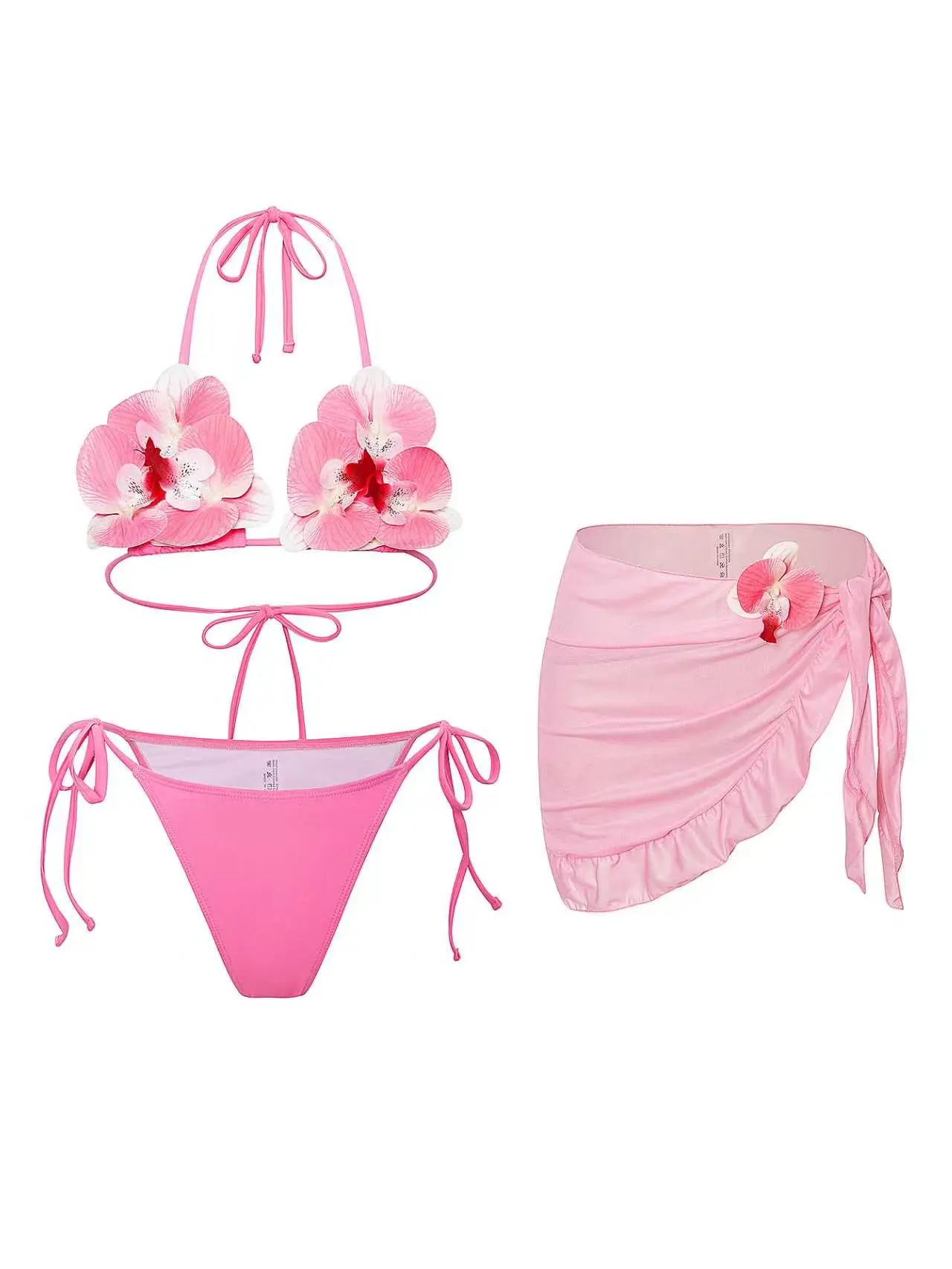 Orivessa Women's 3 Piece Coquette Floral Bikini Set with 3D Flower Details, Nylon Blend Triangle Top, Tie Side Bottoms & Cover Up Skirt, Resort Wear, Swimsuit For Women, 3-Pieces, Floral Pattern