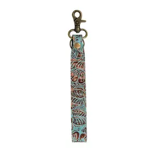 Hand Tooled Floral Print Key Fob - Myra Pathflower Trail Fashion Accessory, Flower Keychain, Bag Charm, Chain-Attached Charm, Flower Keychains, Bag Charm Keychains