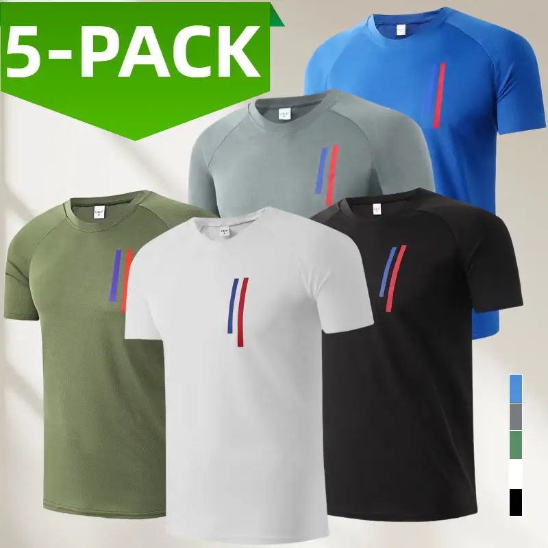 5 Pack Men's Crewneck Basic Printed Sports T-Shirts, Men's Tees, Fitness Sport Outfits Shirts, Men Athleisure Tops