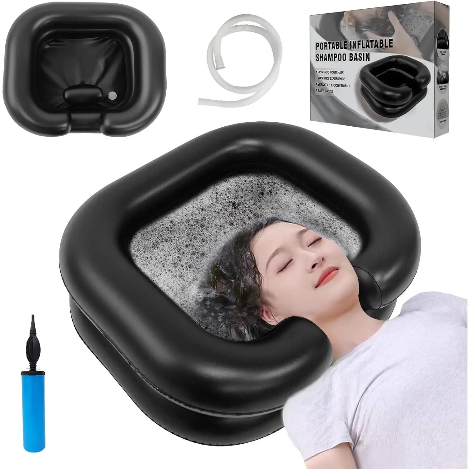 Inflatable Shampoo Basin, Portable Shampoo Bowl with Neck Support and Drain Hose for bedridden People, Portable Shampoo Sink for The Elderly, Disabled, Pregnant Women, Injured People (Black)