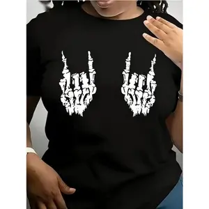 Skeleton Hand Print Drop Shoulder Tee, Street Fashion Round Neck Half Sleeve T-shirt for Daily Outdoor Wear, Women Plus Clothing for Summer, Halloween, Streetwear