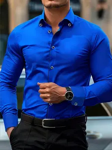 Men's Blue Fitted Long Sleeve Business Casual Formal Shirt, Top, Stylish Office Wear, Comfortable & Durable Design, Perfect for All Occasions