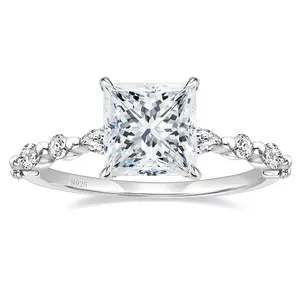 EAMTI 2CT 925 Sterling Silver Ring Princess Cut CZ Engagement Ring Marquise & Round Cubic Zirconia Wedding Band for Women