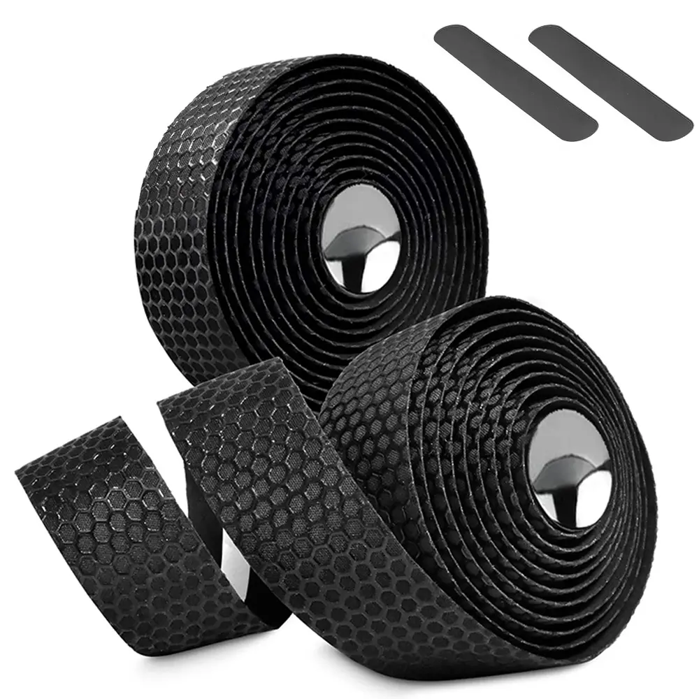 2 Pack Bike Handlebar Tape, PU Bicycle Handlebar Tape EVA Anti-slip Cycling Handle Wraps Tape with Bar End Plugs for Bike(Black)