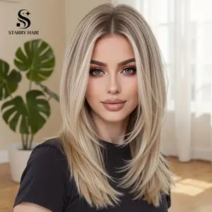 22 Inch Ash Blonde Platinum Highlight Shoulder Length Layered Wig | Luxury Human Hair for Busy Professionals & Beauty Lovers