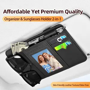 Car Sun Visor Storage Bag - PU Leather Organizer with Multiple Pockets, Sunglasses Holder, Folder Slot, Adjustable Velcro Strap, 8.8x6.1x0.59 Inches, Suitable for Mini Cars, SUVs for Driving Stowing & Tidying