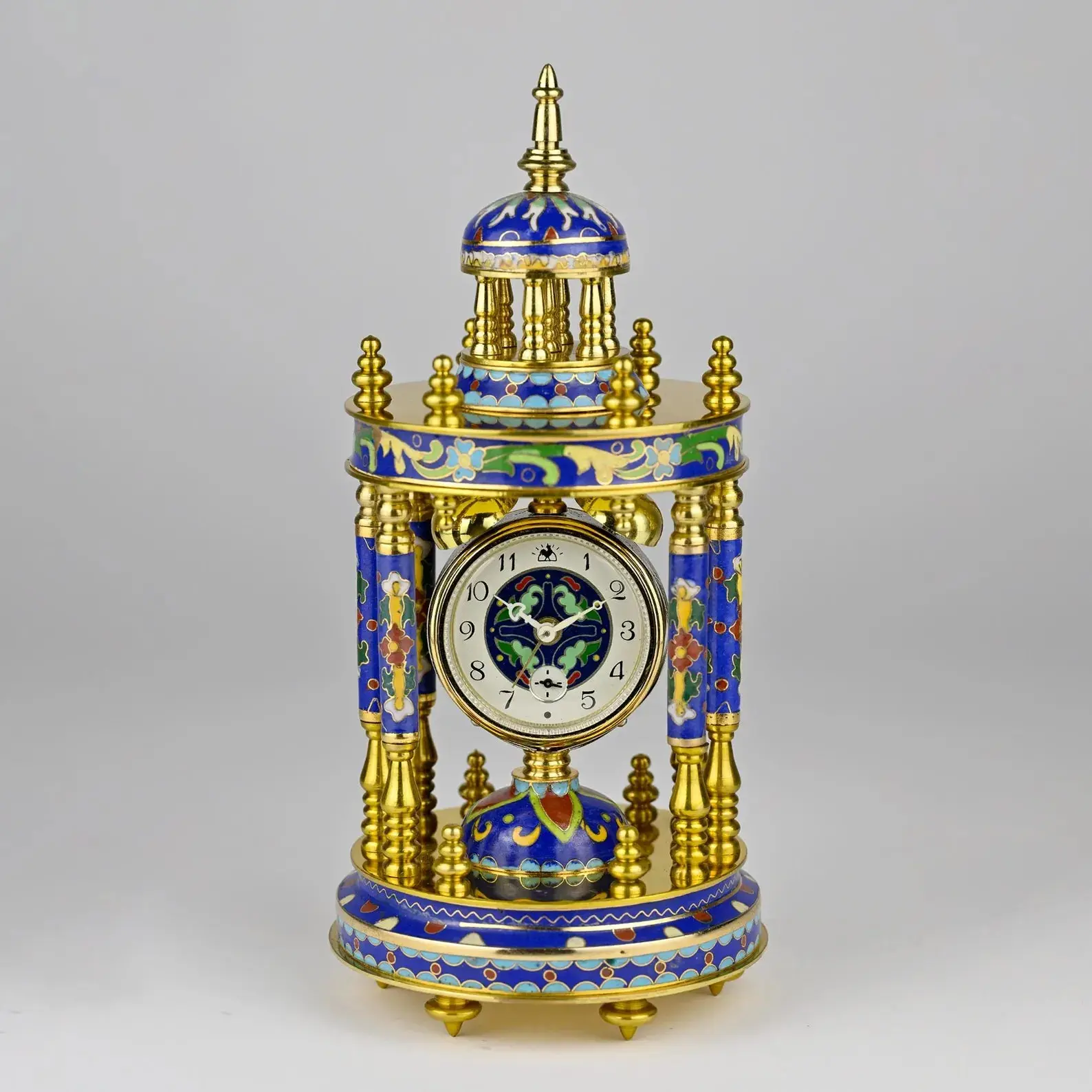 Champlevé Cloisonné Circular Mantel Clock | Ornate Gilded Timepiece with Vibrant Enamel | Elegant Victorian-Inspired Home Accent