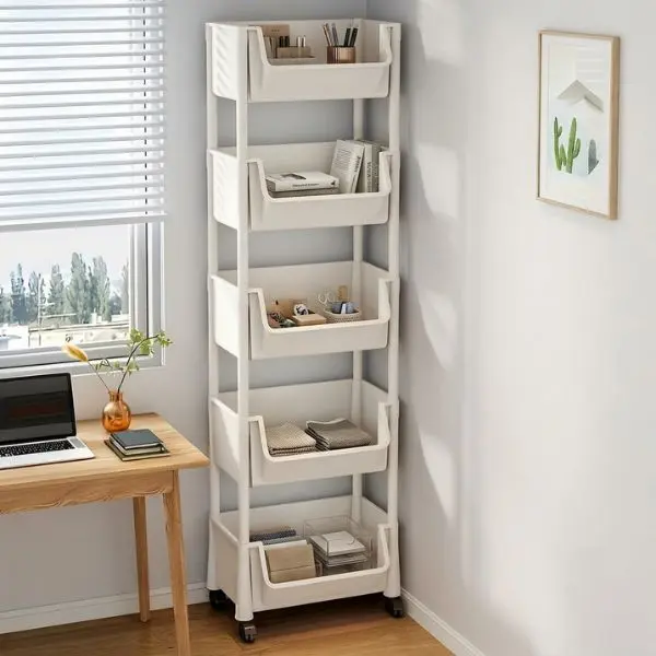 5-Tier Rolling Storage Cart with Wheels, Heavy Duty Plastic Organizer, Slim Mobile Utility Cart for Kitchen, Bathroom, Laundry Room, Office & Bedroom, White