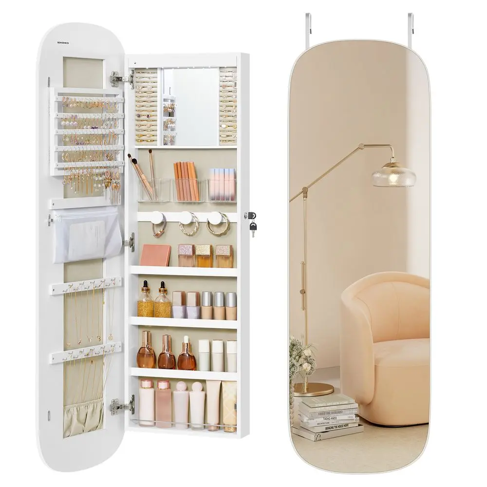 SONGMICS LED Jewelry Organizer Wall or Door Mounted Lockable Rounded Wide Mirror with Storage Interior Mirror MDF Material White Surface Greige Lining