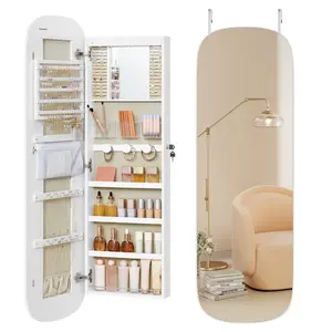 SONGMICS LED Jewelry Organizer Wall or Door Mounted Lockable Rounded Wide Mirror with Storage Interior Mirror MDF Material White Surface Greige Lining