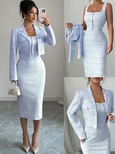 ✨ Elenzga 2-Piece Tweed Suit – Herringbone Blazer Jacket & Sleeveless Sheath Dress, Elegant Ladylike Spring/Fall Outfit 💎