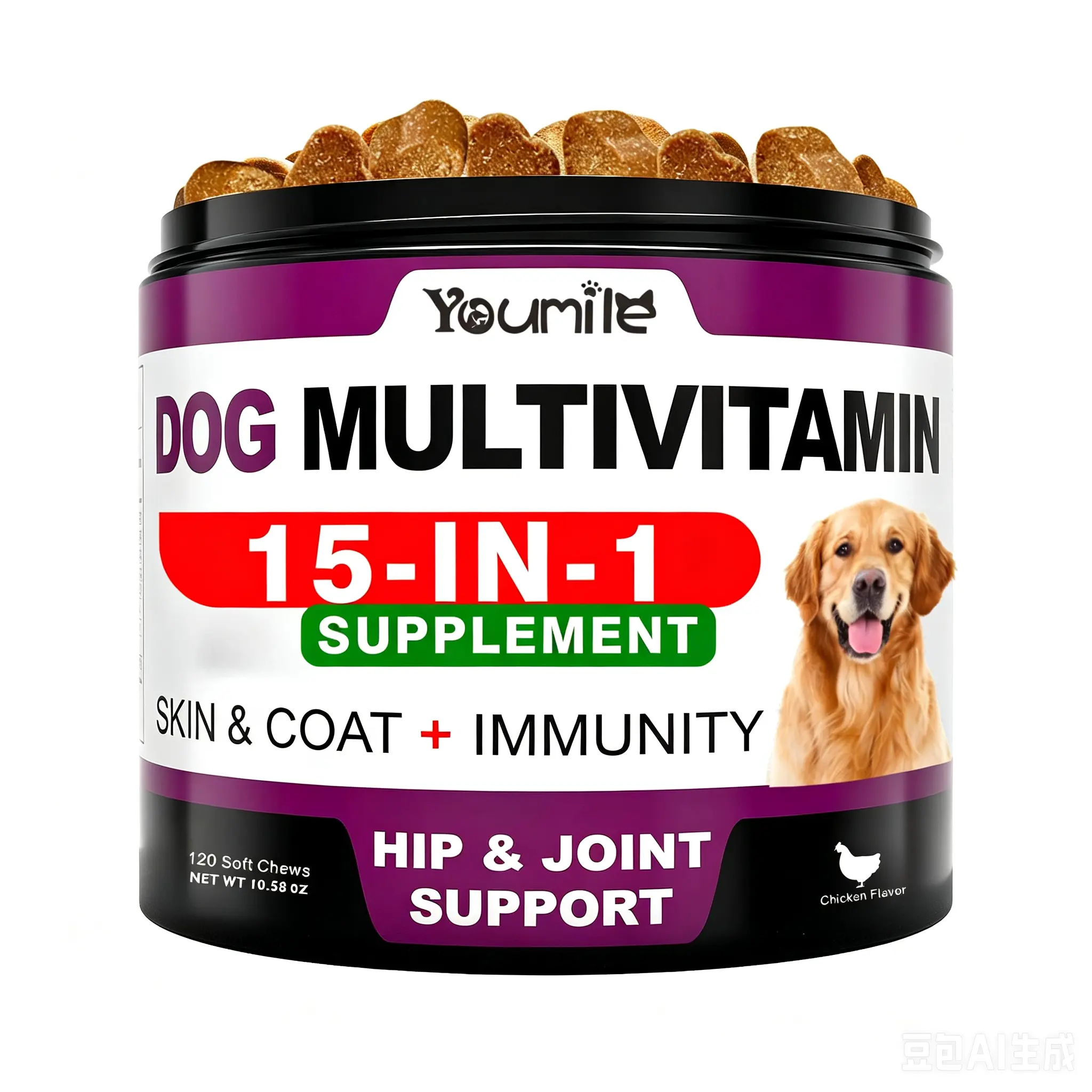 15-in-1 Dog Multivitamin Soft Chew Supplements - Probiotics, Gut Support, Immune Support - Chicken Flavor - 120 Treats