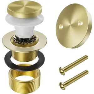 Brushed Brass Bathtub Drain Stopper and Overflow Kit Solid Brass Tip-Toe Bath Tub Drain with Hair Catcher Universal Coarse/Fine Thread Bathroom Bathtub Plug Replacement 11.5/16 UNC