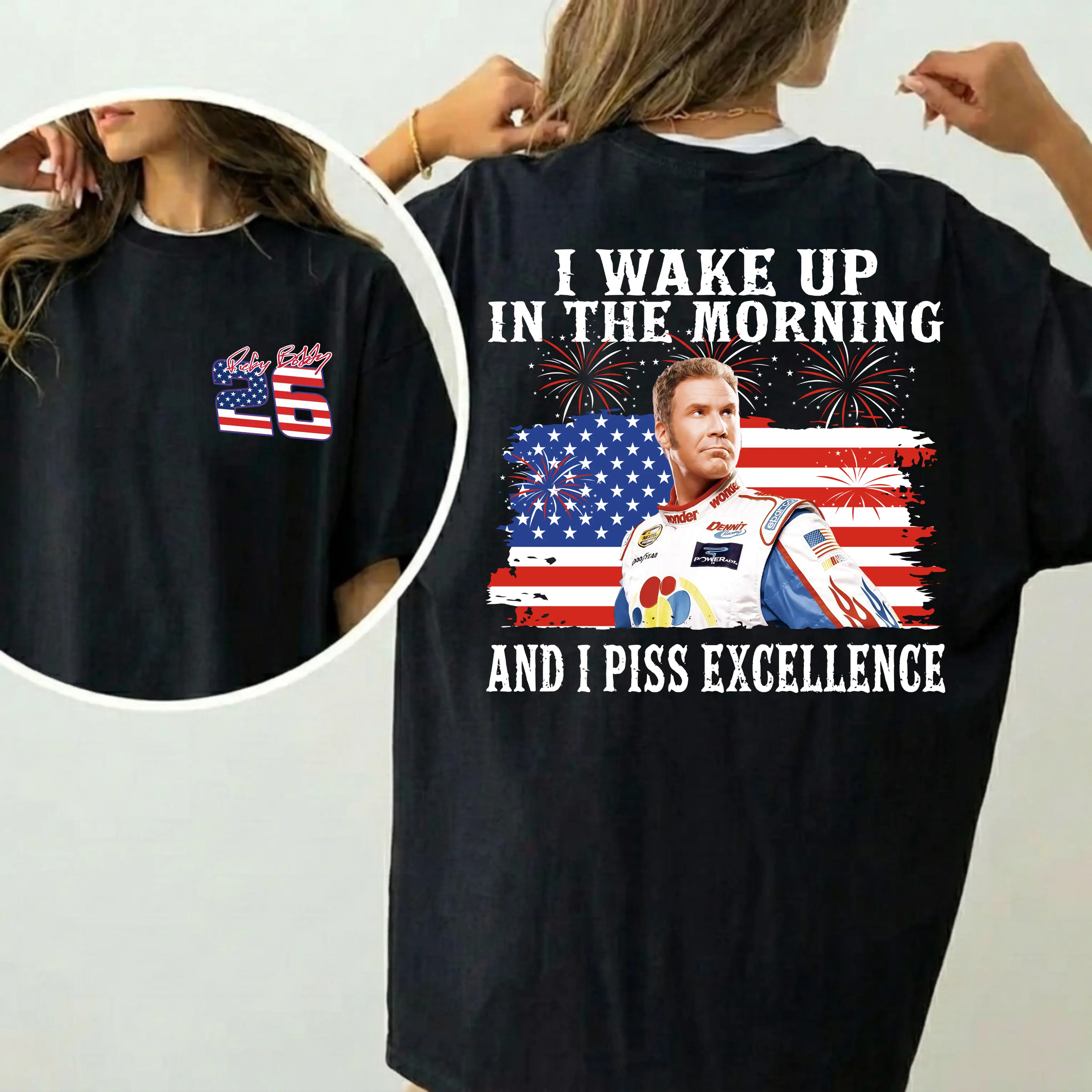 Ricky Bobby Talladega Nights 4th of July Crew Neck Graphic Tee - US Pride, Machine Washable Street Apparel, Made in USA Short Sleeve Patriotic Comedy Movie Top for Men, Casual, Holiday